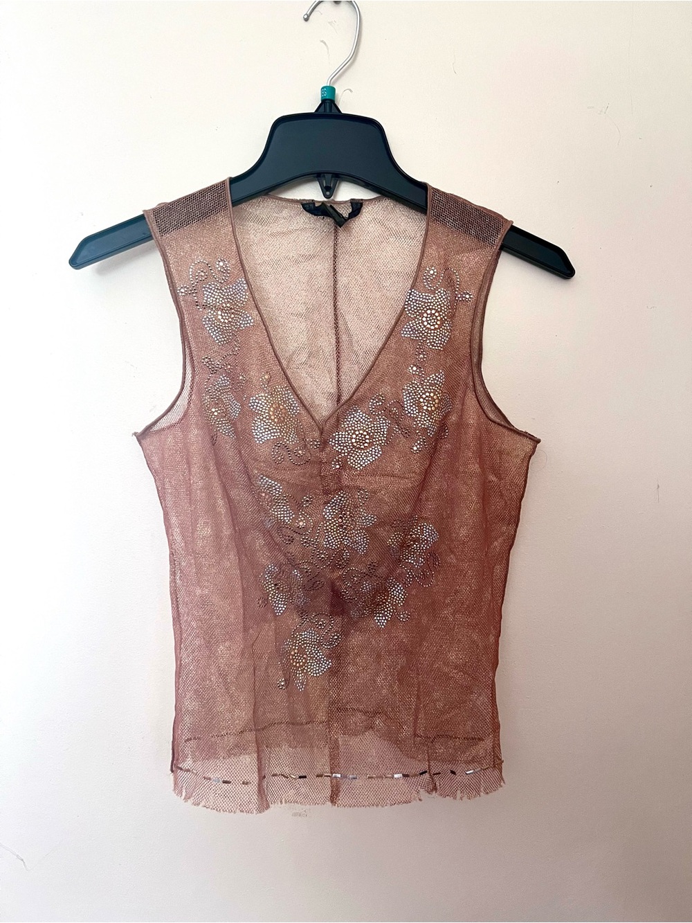 Embellished Brown Mesh sheer  V-Neck Camisole
